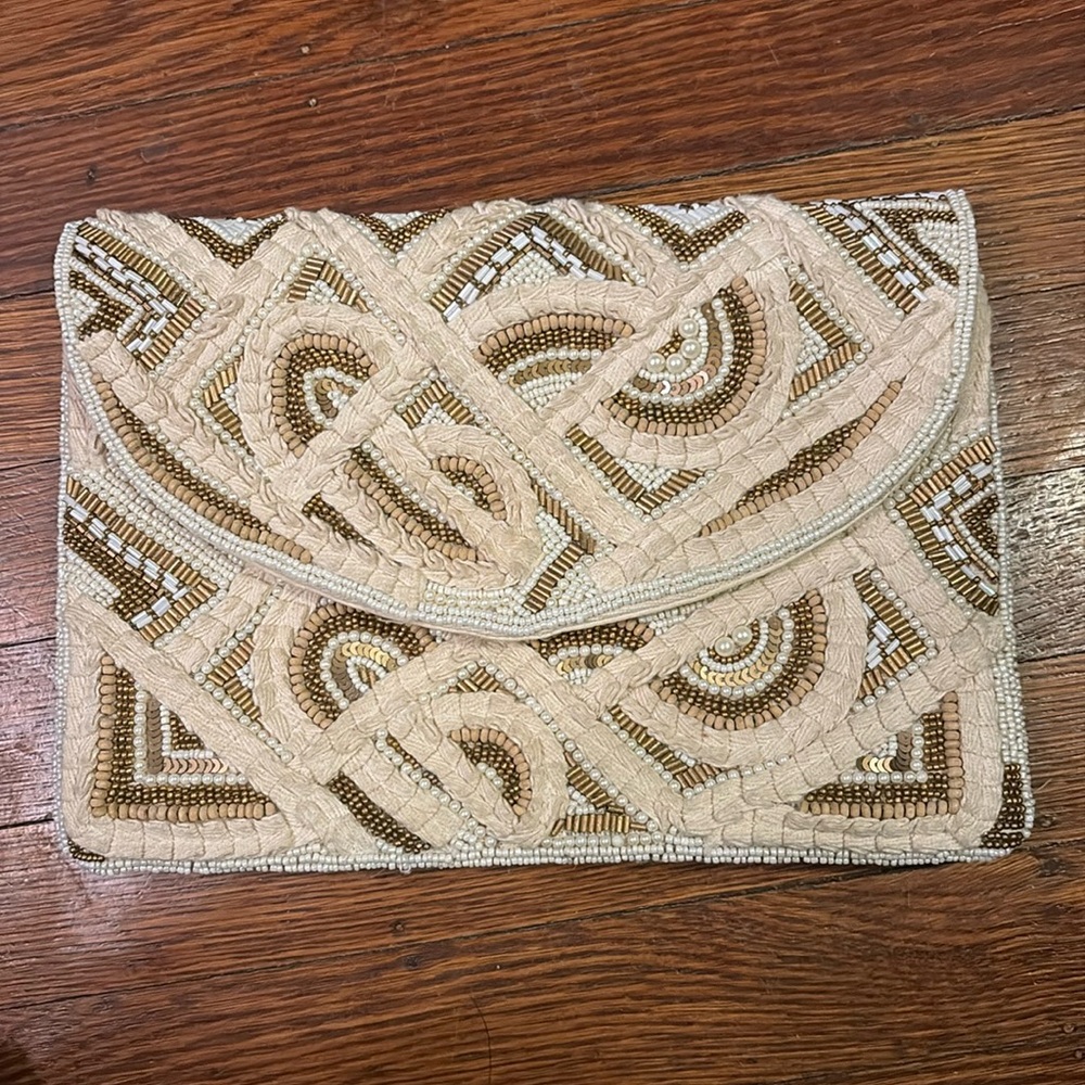 Antik Kraft Cream and Gold Beaded clutch purse